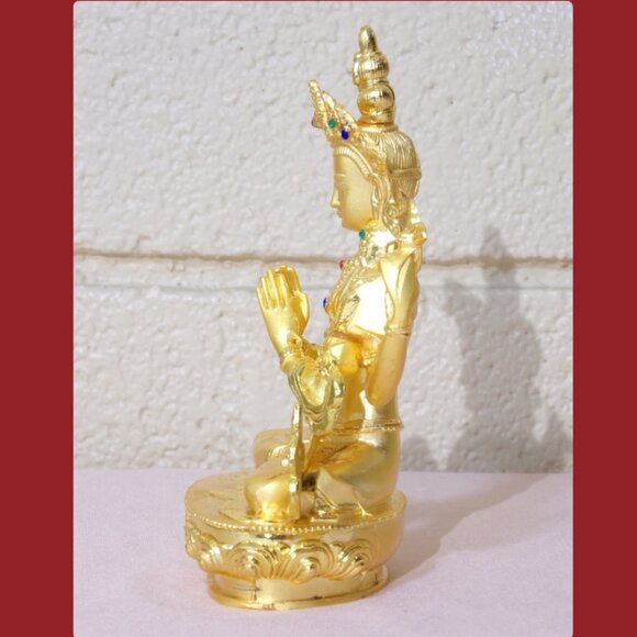 AVALOKITESVARA BUDDHA BEJEWELED GOLD ALLOY PLATED 6 IN STATUE-4 Arms-Bodhisattva - Picture 5 of 16